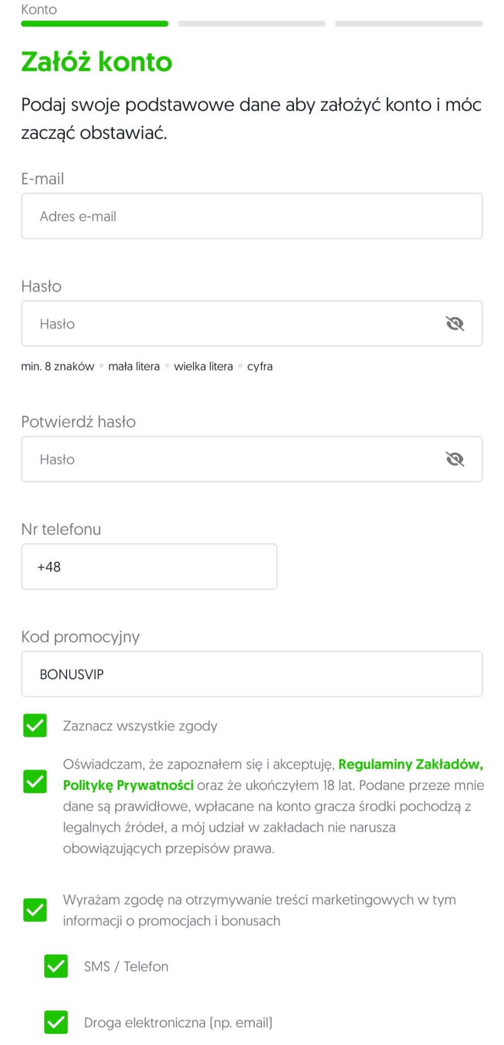 Formularz rejestracji TOTALbet z kodem BONUSVIP
